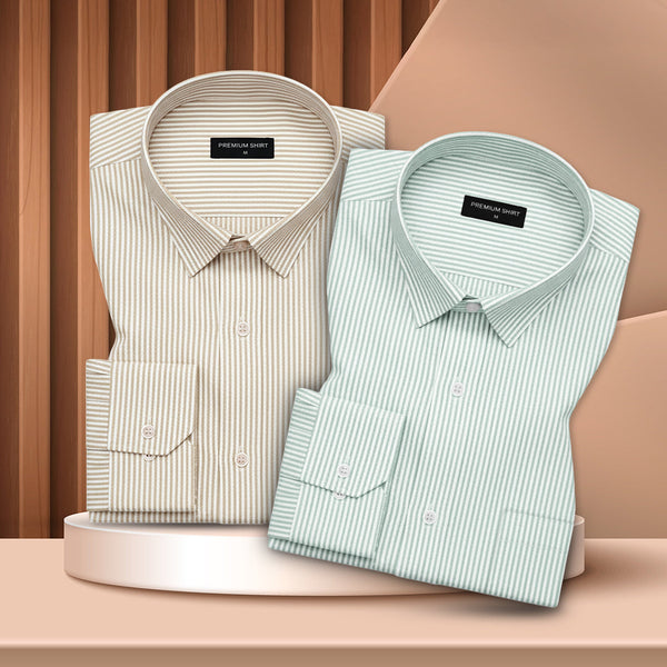 Nomad Stitch Beige & Light Green Stripe Oxford Pack of 2 Shirts For Men