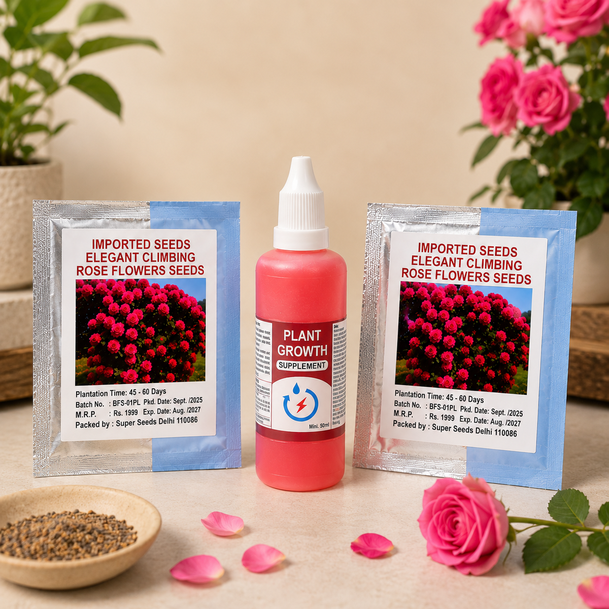 Imported Elegant Climbing Rose Flower Seeds Combo with Plant Growth Supplement | 2 Seed Packs + 50ml Plant Growth Booster
