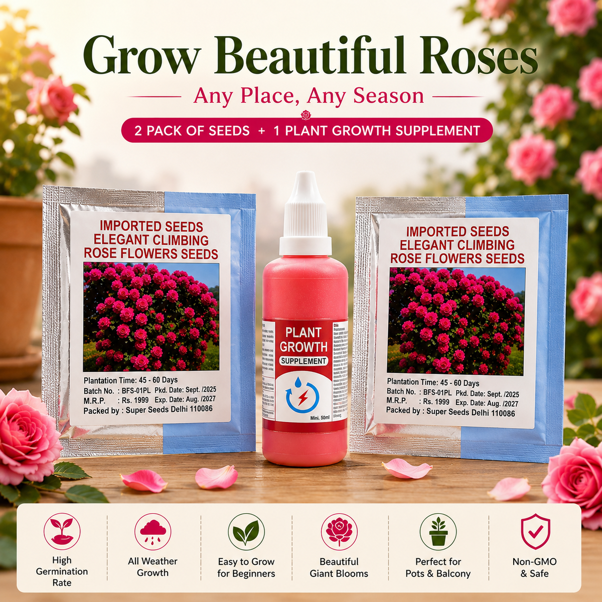 Imported Elegant Climbing Rose Flower Seeds Combo with Plant Growth Supplement | 2 Seed Packs + 50ml Plant Growth Booster