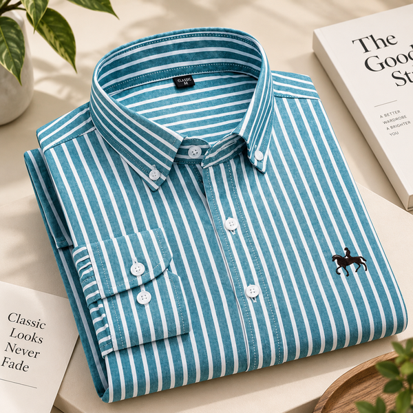 Teal Stripe Oxford Cotton Shirt – Full Sleeve Button-Down Casual Shirt for Men