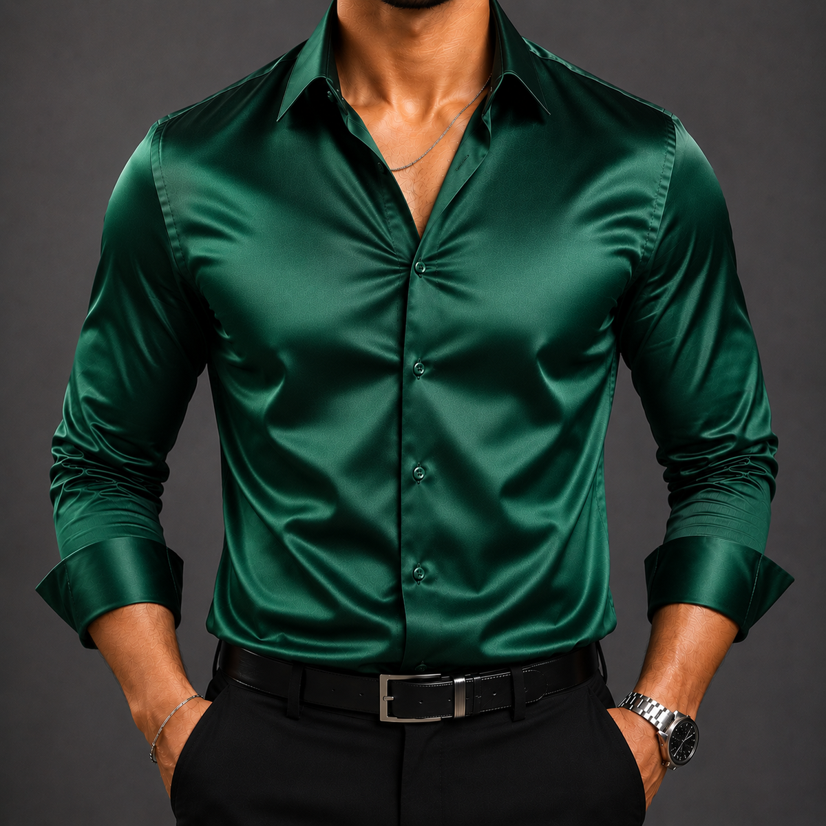 ZAVREN Noir Satin Shirt - Emerald Green