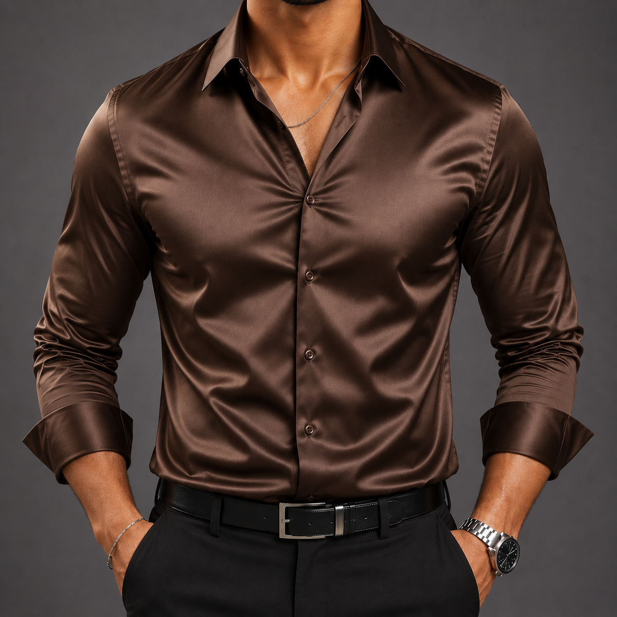 ZAVREN Noir Satin Shirt - Coffee Brown