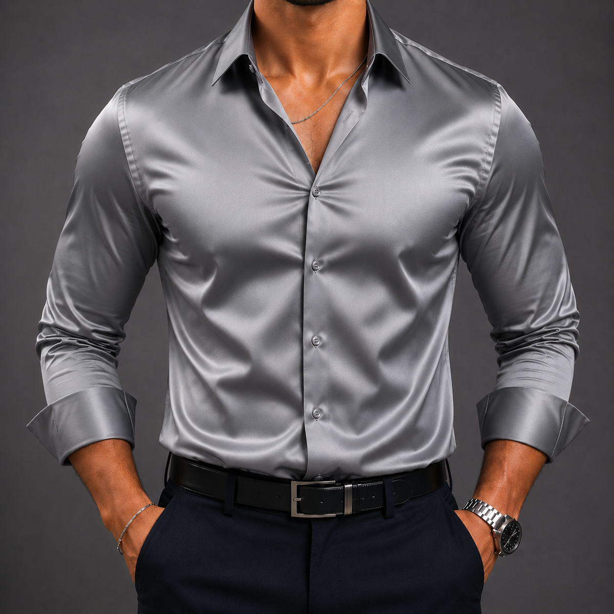 ZAVREN Noir Satin Shirt - Steel Grey