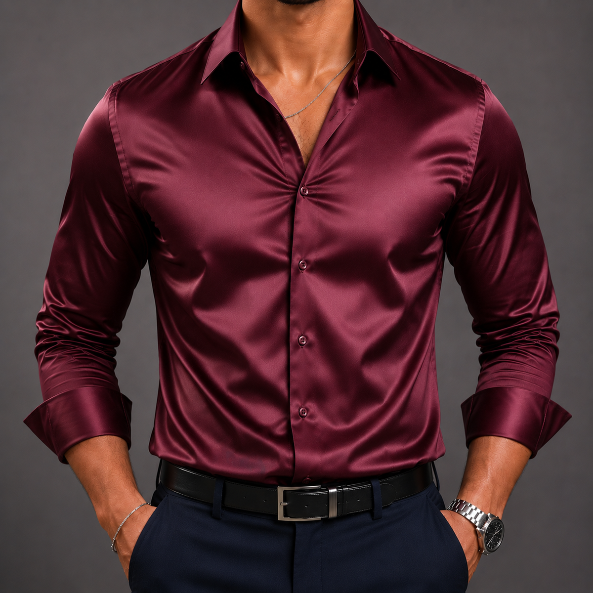 ZAVREN Noir Satin Shirt - Maroon