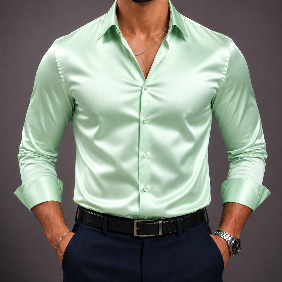ZAVREN Noir Satin Shirt - Mint Green