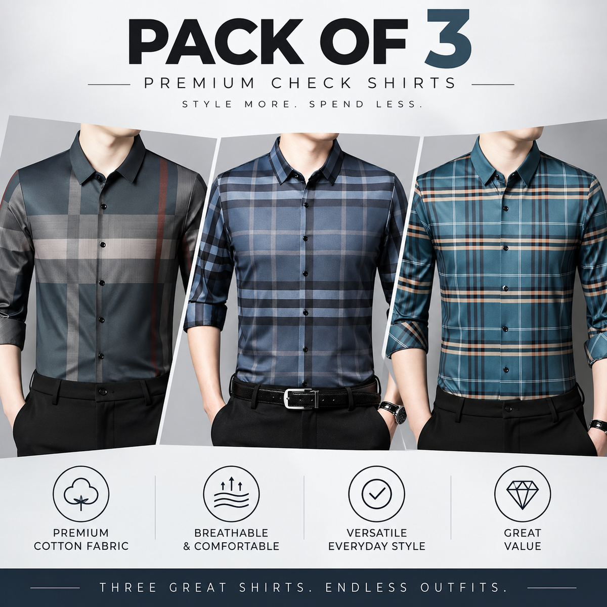 Sartor & Crown Classic Check Collection – Pack of 3 | Navy Blue + Dark Teal + Black