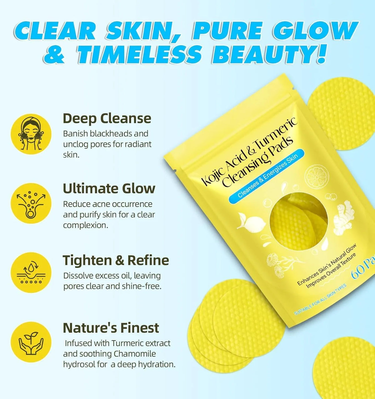 Turmeric Kojic Acid Cleansing Pads – Dark Spots Remover | Brightening Face Pads for Oily & Dry Skin