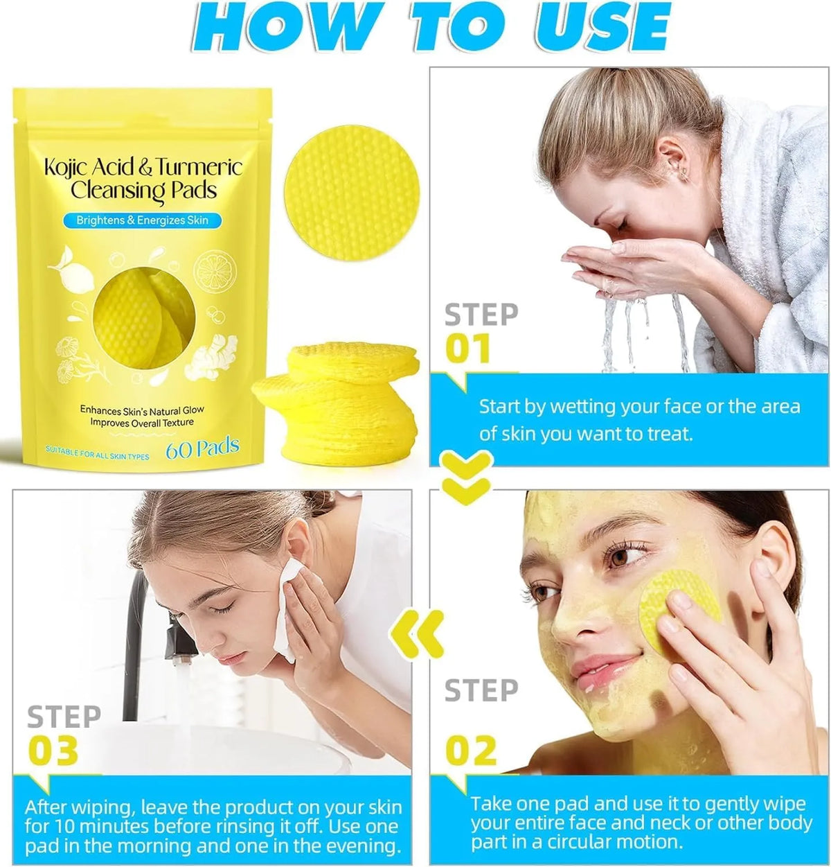 Turmeric Kojic Acid Cleansing Pads – Dark Spots Remover | Brightening Face Pads for Oily & Dry Skin